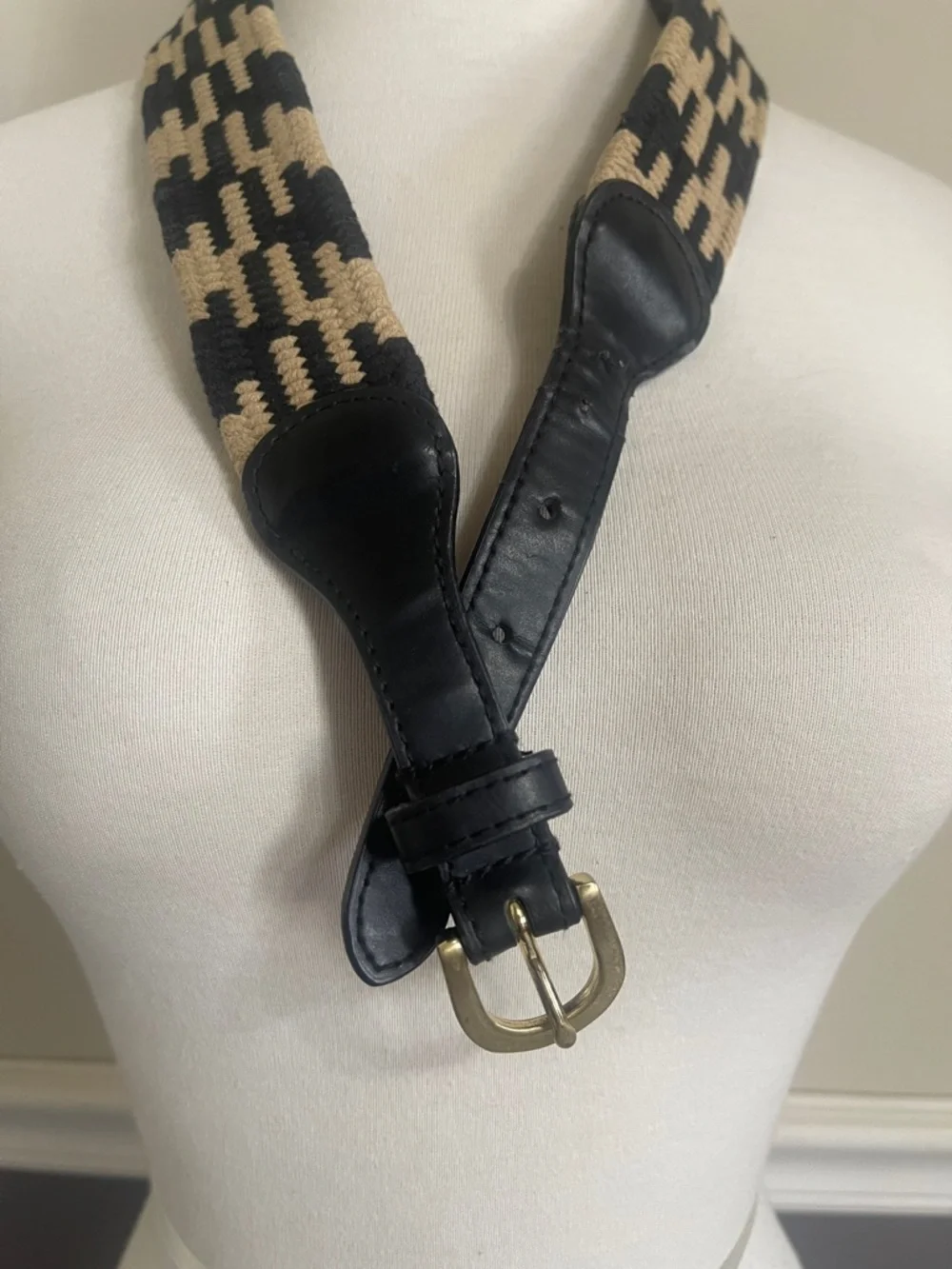 Black and Beige Woven Patterned Waist Belt